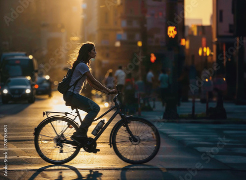 Female Cyclist Gliding Through Urban Sunset, City Lights in Background, Generative A © jackfrog