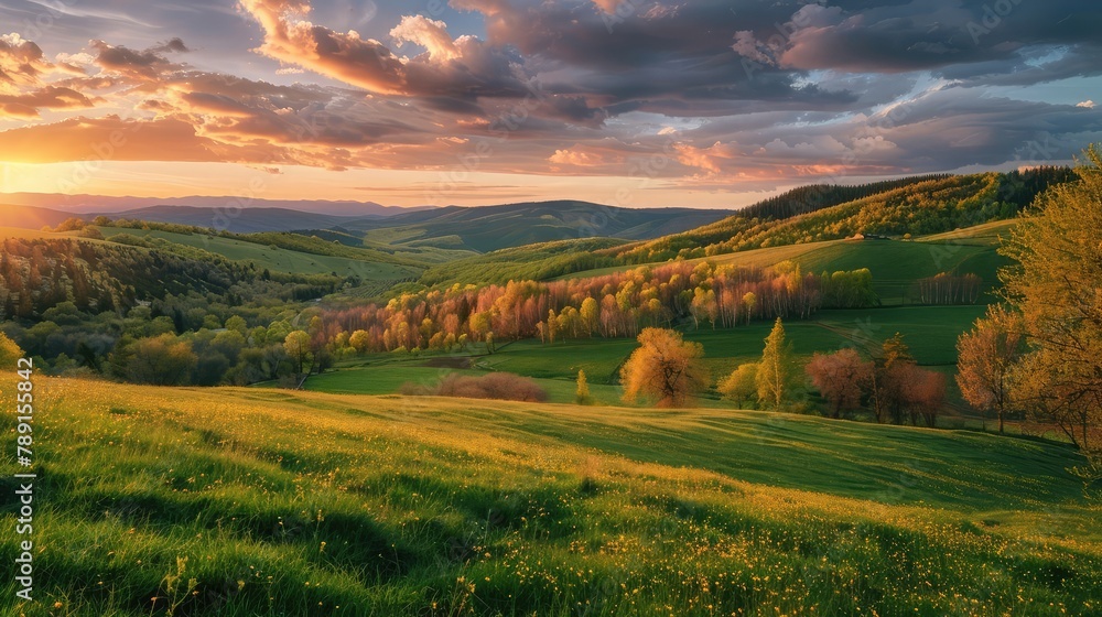 mountainous rural landscape of ukraine at sunset in spring. trees on the grassy hills rolling in to the distant valley. beautiful countryside scenery on a cloudy weather in may