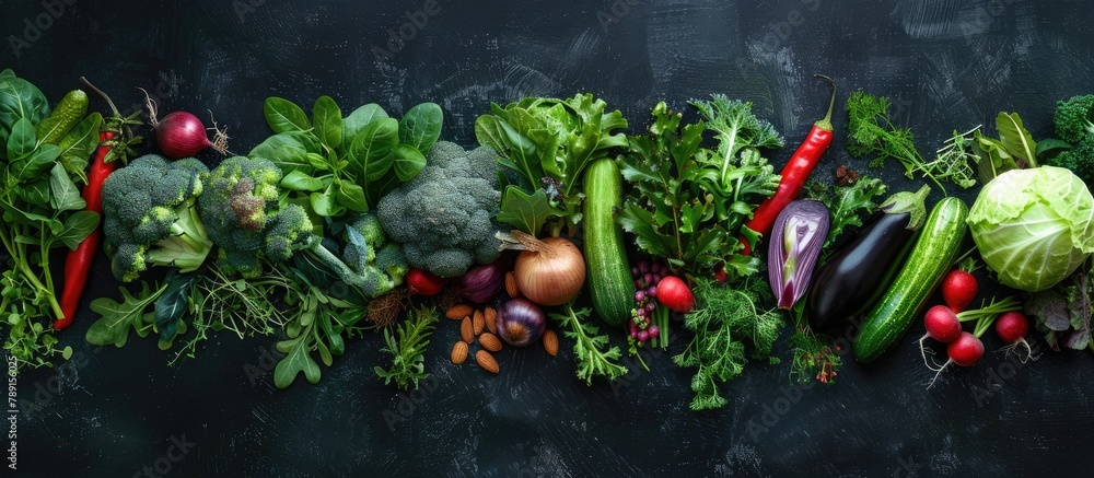 Fresh vegetables arranged on a dark backdrop include fragrant herbs, onions, avocados, broccoli, bell peppers, eggplants, cabbage, radishes, cucumbers, almonds, arugula, and baby corn. Fresh vegetables arranged on a dark backdrop include fragrant herbs, onions, avocados, broccoli, bell peppers, eggplants, cabbage, radishes, cucumbers, almonds, arugula, and baby corn.