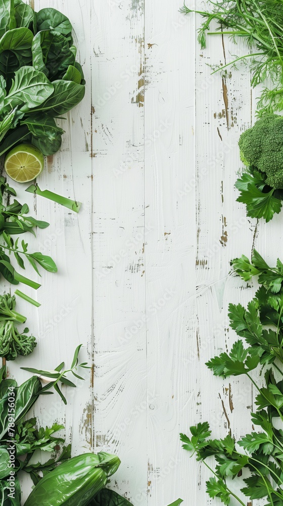 Fototapeta premium Assortment of fresh green vegetables and herbs on a white wooden background.