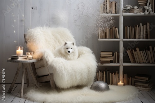 White Fur Arctic Cozy Corner: Snow Globe, Books and Chair Concept