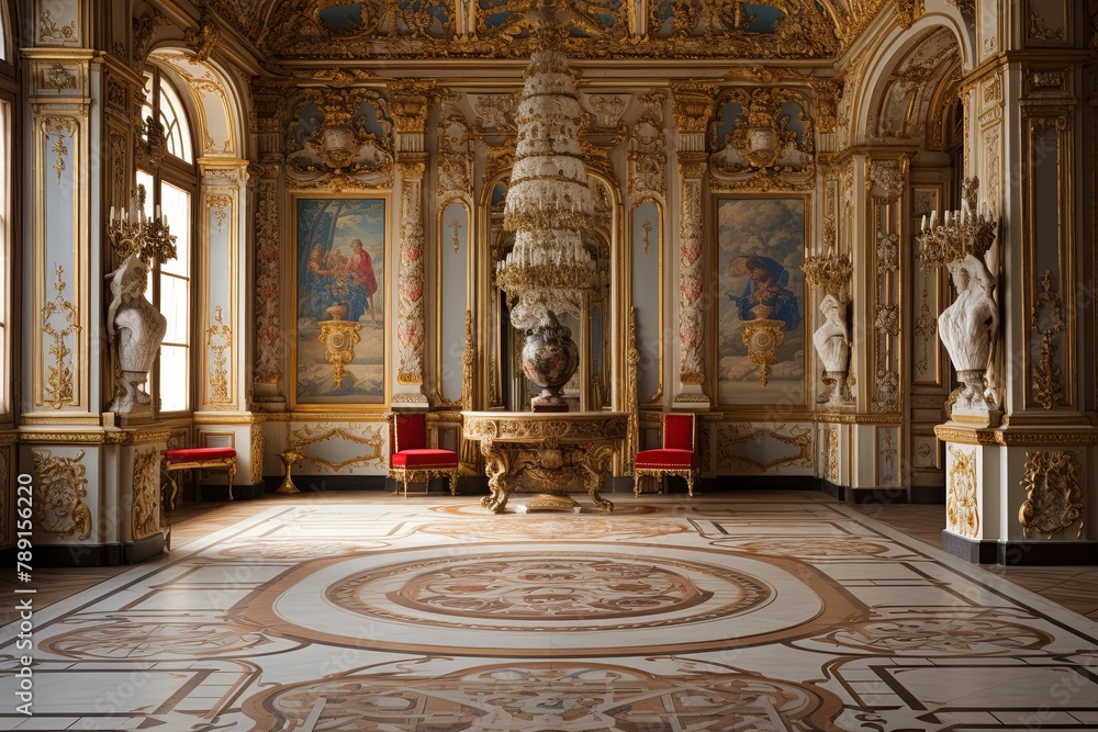 Obraz premium Gilded Tables and Theatrical Tapestries: Baroque Masterpieces in a Grand Palace Hallway