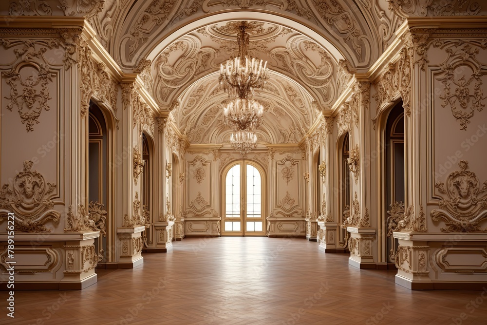 Hand-Carved Baroque Palace Grand Hallway Designs: Intricate Ceiling Rosettes Focus