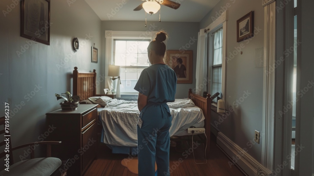 Nurse dressing in scrubs in a simple, uncluttered bedroom, preparing for a shift. Nurse dressing in scrubs in a simple, uncluttered bedroom, preparing for a shift.