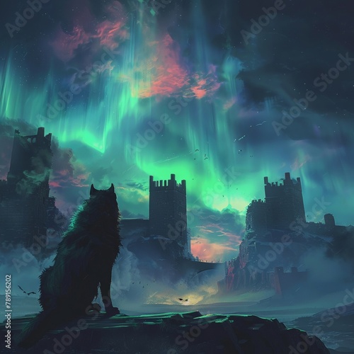 Decaying citadel under a magicinfused aurora, an animal silhouette against an isolated background, merging history with mystique, 