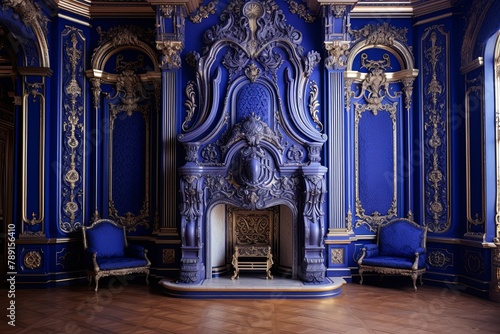 Palatial Baroque Palace Grand Hallway Designs: Royal Blue Upholstery & Elegant Fireplaces