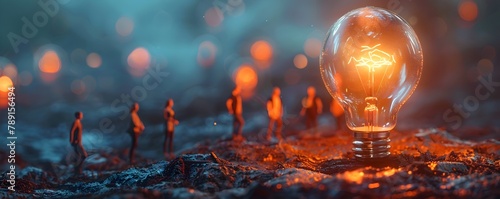 Diminutive Figures Gathered Around Luminous Bulb Depicting the Power of Ideas to Attract and Inspire photo
