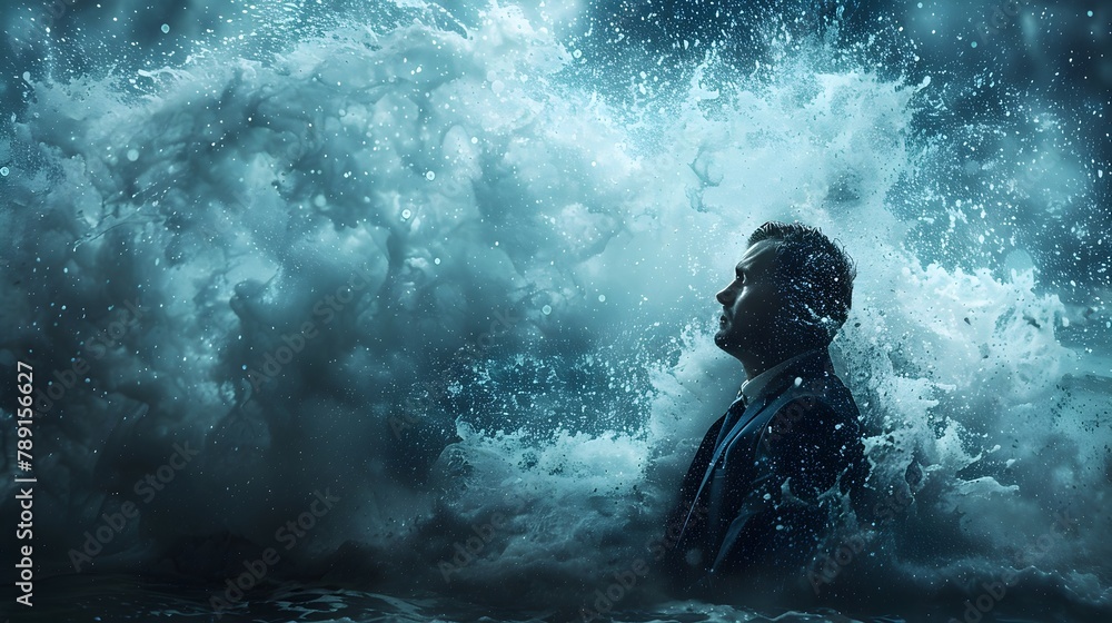 Businessman Submerged by Dramatic Tsunami Waves at Office Desk Grappling with Financial Crisis and Depression Businessman Submerged by Dramatic Tsunami Waves at Office Desk Grappling with Financial Crisis and Depression