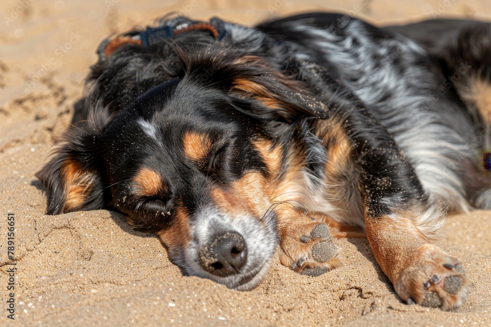 Pedigree puppy relaxing on sandy beach with ocean view in tropical summer vacation Pedigree puppy relaxing on sandy beach with ocean view in tropical summer vacation