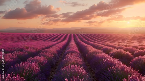 Enchanting Lavender Fields Stretching to Horizon in Serene Provence Countryside Sunset Landscape photo