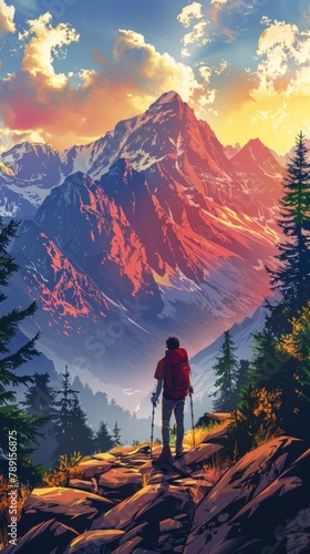 A hiker stands on a mountain trail, looking out at a majestic mountain landscape. The sky is a clear blue, and the sun is shining brightly. The hiker is wearing a backpack and carrying trekking poles.