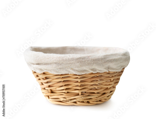 Empty straw basket,wicker round shape isolated on white.