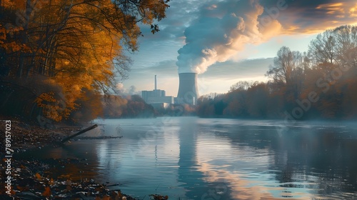 Tranquil River Flows Beside Imposing Nuclear Reactor Disrupted by Constant Smoke from Industrial Chimneys © Thares2020