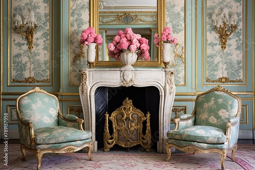 Belle �poque Parisian Parlor Decor: Marble Fireplace & Brocade Armchairs Harmony photo