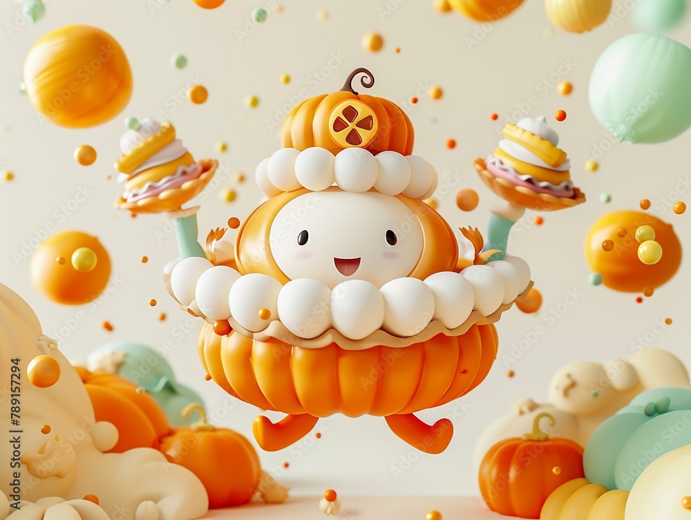 A playful character adorned with pumpkin pie toppings, floating in a sea of vibrant colors against a light cream backdrop , 3D render A playful character adorned with pumpkin pie toppings, floating in a sea of vibrant colors against a light cream backdrop , 3D render