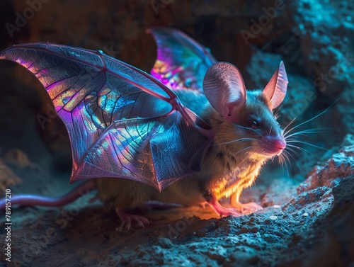 A mysterious hybrid creature with bat wings and mouse ears, its luminous colors casting ethereal reflections in a shadowy cave , Prime Lenses photo