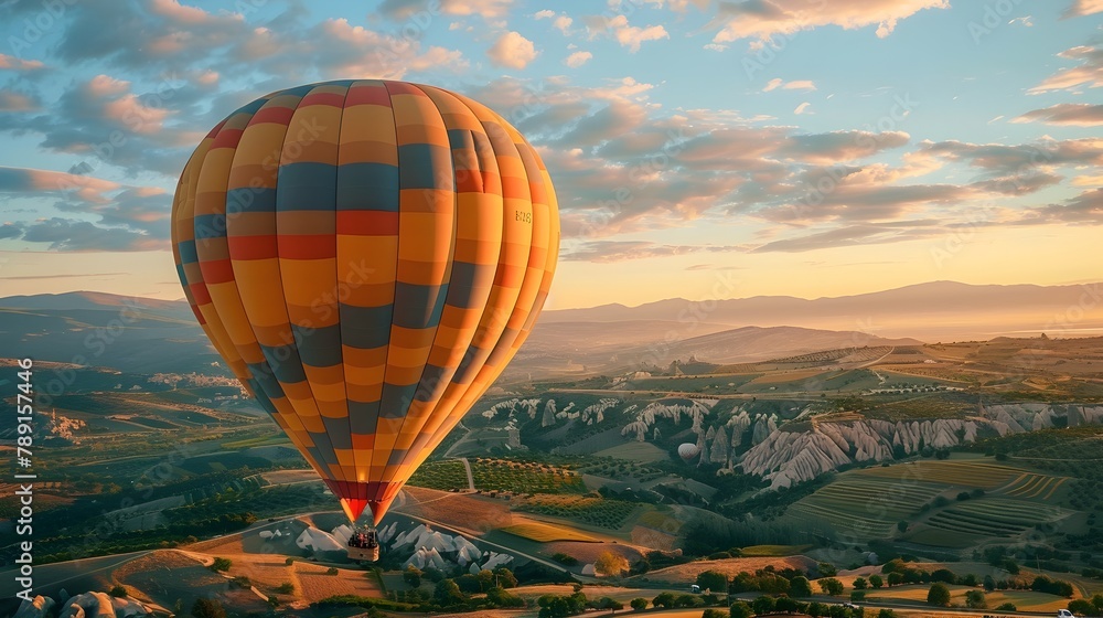 Awe Inspiring Hot Air Balloon Ride at Breathtaking Countryside Scenery During Magical Sunset or Sunrise