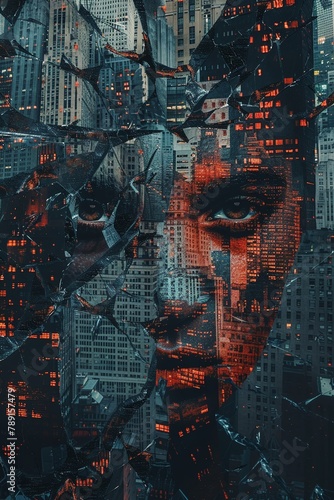 An AIgenerated portrait of a figure against a backdrop of shattered skyscrapers, evoking the somber mood of a society facing its end , high resolution DSLR