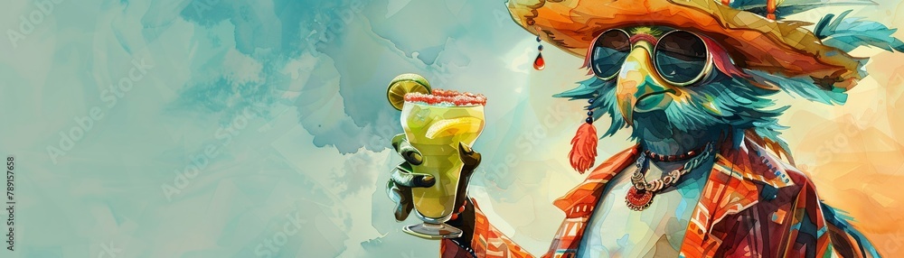 A colorful character holding a Margarita, brought to life with vivid watercolors and exquisite attention to detail , Prime Lenses