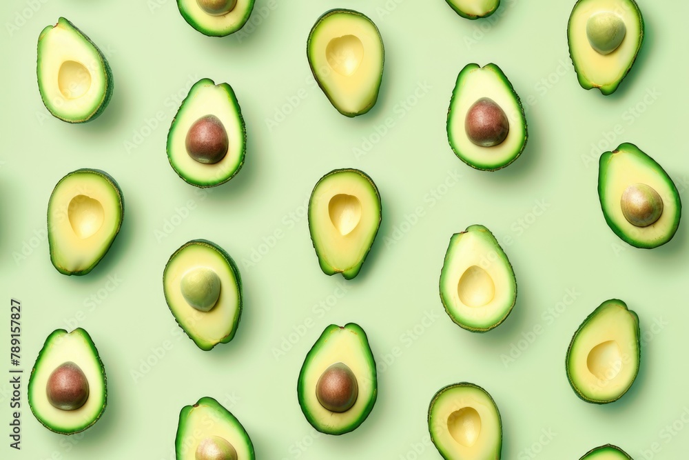 Fresh Avocado Pattern on Light Green Background Fresh Avocado Pattern on Light Green Background