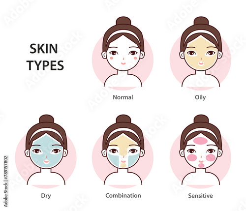 Different skin types vector set isolated on white background. Cute girl with basic types of skin, normal, oily, dry, combination and sensitive skin. Skin care and beauty concept illustration.