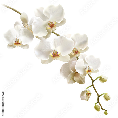 Branch of beautiful white orchids on transparent background, png 