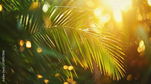 nature blur green palm leaves on tropical beach with sun bokeh lights,