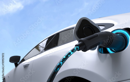 Electric car is charging the battery at the Ev charging station. 3D illustration