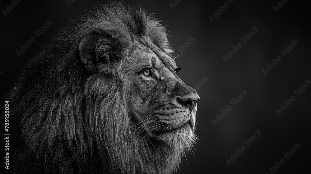   A melancholic lion's face in black and white against a stark black background