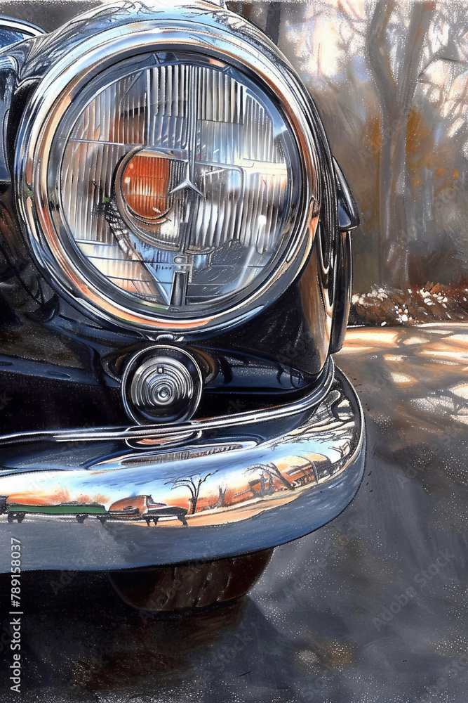 Classic Car Headlight and Chrome Detail with Forest Reflection