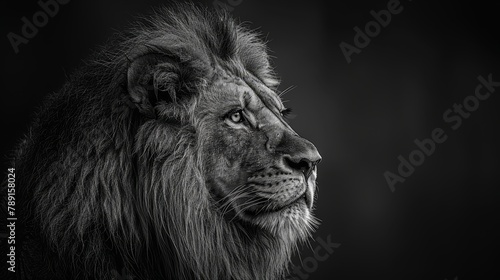   A melancholic lion's face in black and white against a stark black background © Igor
