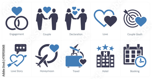 A set of 10 honeymoon icons as engagement, couple, declaration