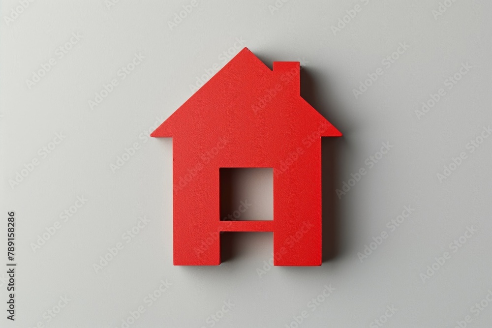 Striking 3d red house icon symbolizes home on a soft grey backdrop, showcasing minimalism and simplicity Striking 3d red house icon symbolizes home on a soft grey backdrop, showcasing minimalism and simplicity