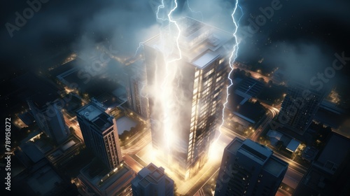 Aerial view of bright lightning strike on city building in a thunderstorm at night.