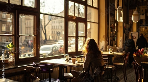 A lady sit in a coffee shop with street view of historic buildings in the city of Prague, Czech Republic in Europe.