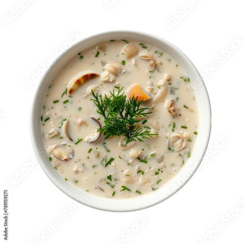 New England Clam Chowder in White Bowl on Transparent Background, Seafood Soup
