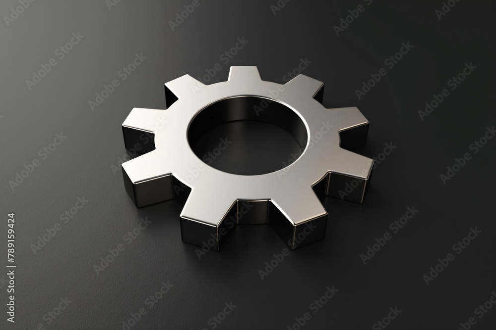 Minimalist 3d gear icon with a metallic finish presented on a dark matte surface, symbolizing industrial or mechanical concepts Minimalist 3d gear icon with a metallic finish presented on a dark matte surface, symbolizing industrial or mechanical concepts