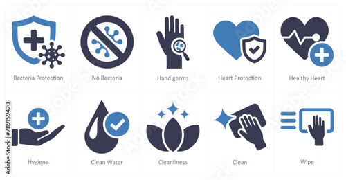 A set of 10 hygiene icons as bacteria protection, no bacteria, hand germs