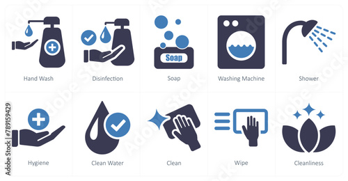 A set of 10 hygiene icons as hand wash, disinfection, soap