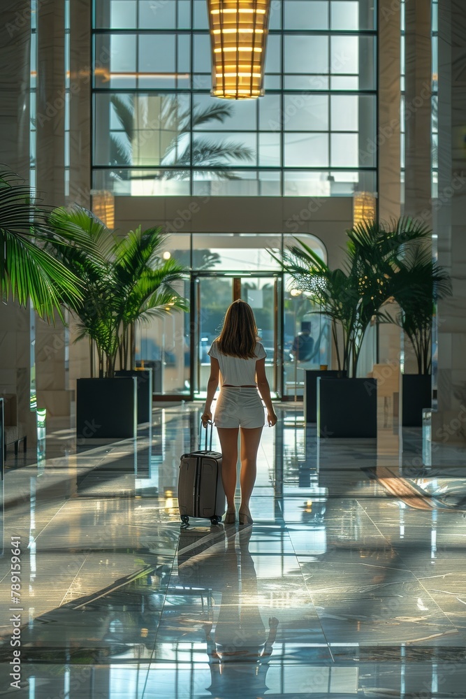 A woman is walking down a hallway with a suitcase, travel and tourism concept