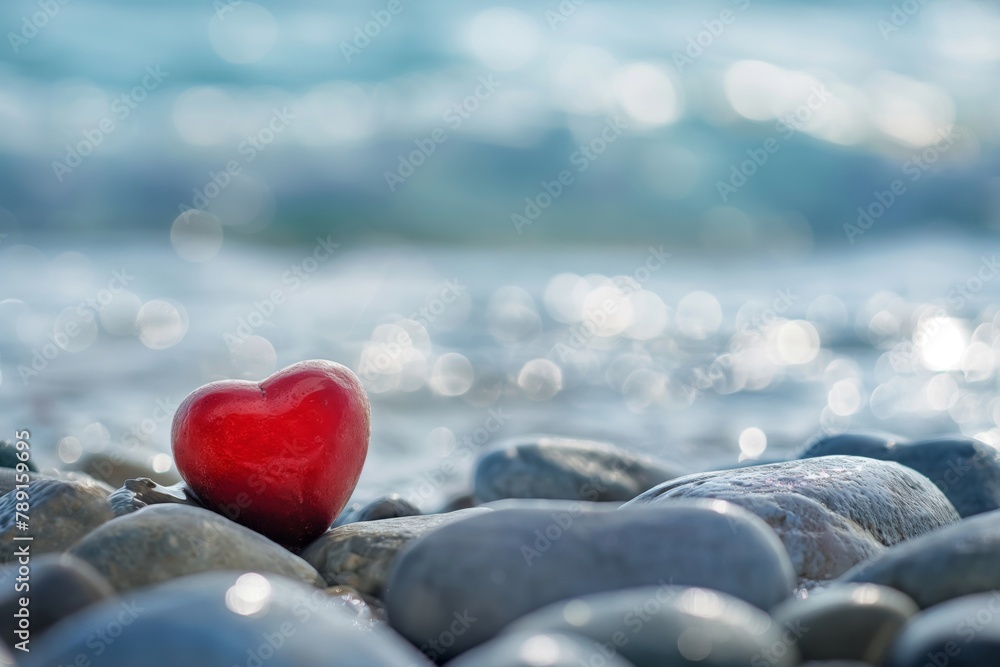 Fototapeta premium Minimalist heart shape gleams with love on a tranquil pebble beach, bathed in soft sunlight