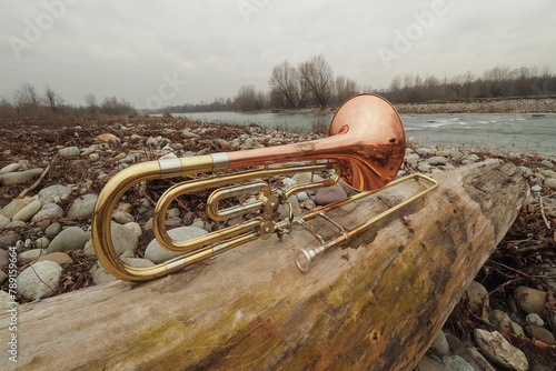 Trombone posing on trunk along Brembo river, Lombardy, Italy