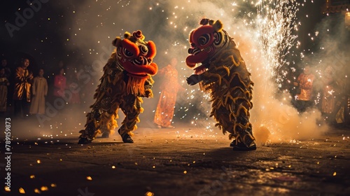 Lion dance in street with firecrackers as the traditional Chinese folk event activities during Chinese lunar new year celebration.