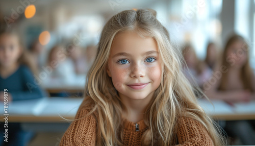 Wallpaper Mural Blonde girl in white tshirt sitting at schooldesk in the light scandinavian classroom while lesson at schoolroom. Studying concept Torontodigital.ca