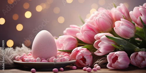  Mothers day decoration  pink egg and tulips on a table with a light background - a delicate spring arrangement