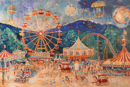 : A brush painting of a lively carnival with games and rides