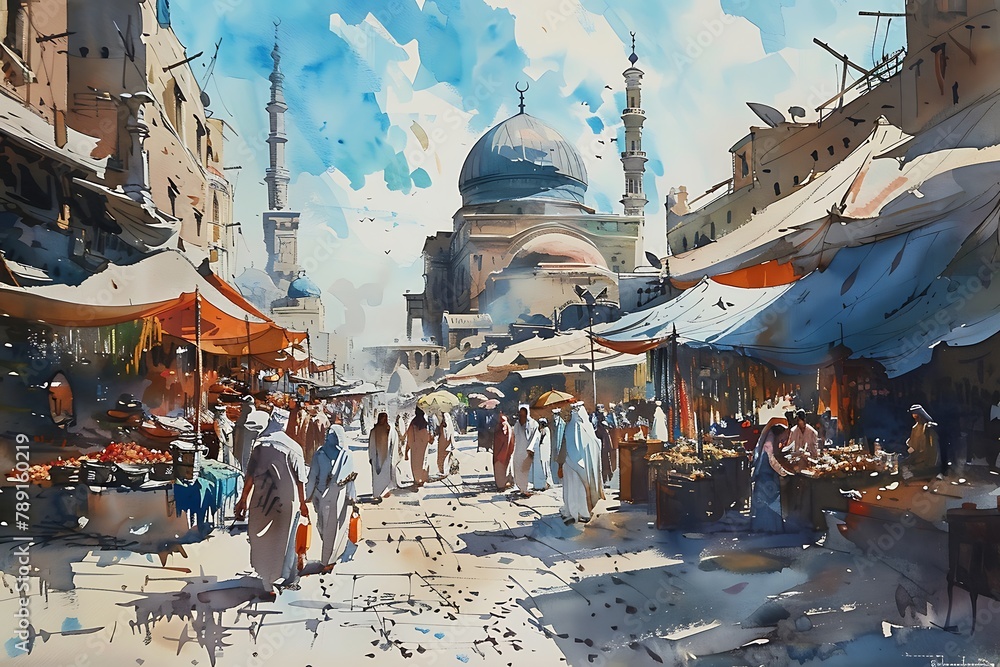 Naklejka premium : A brush painting of a bustling marketplace in a Middle Eastern city
