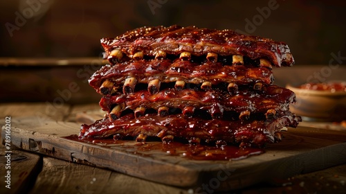 A stack of tender, juicy barbecued ribs glazed with sauce on a wooden board