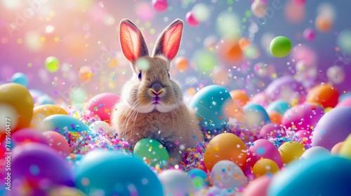 Easter Bunny Amongst Colorful Eggs and Magical Splashes. Generative ai