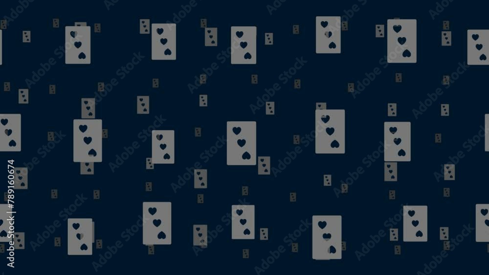 Three of hearts playing cards float horizontally from left to right. Parallax fly effect. Floating symbols are located randomly. Seamless looped 4k animation on dark blue background Three of hearts playing cards float horizontally from left to right. Parallax fly effect. Floating symbols are located randomly. Seamless looped 4k animation on dark blue background